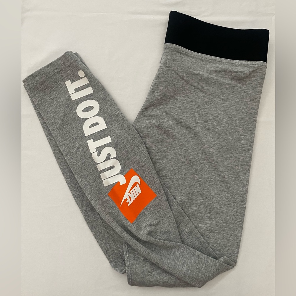Nike Gray and Black Leggings with Orange Logo